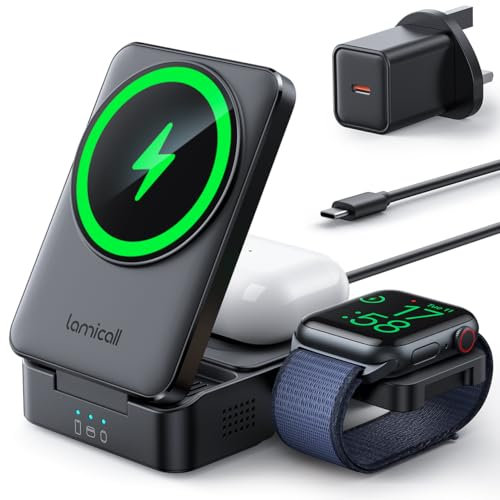 Lamicall 3 in 1 Wireless Charging Station for MagSafe - [Upgraded Cooling System] Foldable & Portable Wireless Charger Stand for iPhone 16/15/14/13/12 Series, Apple Watch Ultra/S3-S10, AirPods - Black
