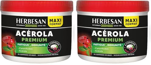 HERBESAN®- ACEROLA PREMIUM - Haute concentration en Vitamine C-Réduction de la fatigue - Acérola naturelle - 90 comprimés à croquer (Lot de 2)