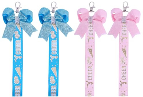 CHGCRAFT 4 Stück Cheer Bow Schlüsselanhänger Pom Pom Halter Cheer Pin Halter mit Glitter Bow Cheerleader Tags Cheerleader Bow Keychains für Rucksack Dekorationen gemischte Farbe