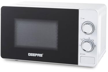 GEEPAS 700W Manual Solo Microwave Oven, 20L| Electric Oven with Auto Defrost Speedy Reheat | 5 Power Levels 2 Rotary Dials 30 Min Timer Easy Clean Standard Size of Dinner Plate | White (Renewed)