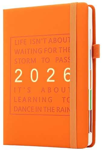 2026 Diary A5 Page a Day from Jan to Dec,Full Year Daily Planner with Colorful Monthly Tabs,Hardcover Academic Diary 2026 with Inner Pocket,Bookmark (Orange)