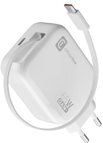 Cellularline Caricabatterie da Rete 65W con Cavo Retrattile USB-C 90cm, Tecnologia GaN, Doppia Porta USB-C Power Delivery, Compatto per Smartphone, Tablet e Laptop, Bianco