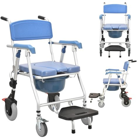 Sedia a Rotelle per WC da Doccia, Sedia WC Comoda per Anziani Disabili, Sedia da Toilette Mobile con Freno e Vasino, Sgabello Bagno Doccia, Impermeabile e Antiscivolo, Blu