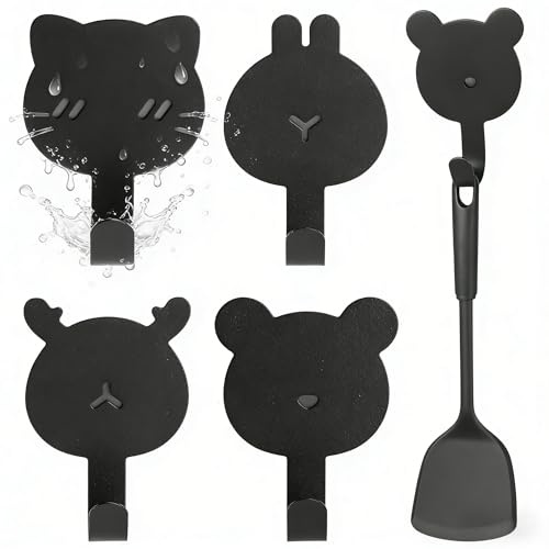 LOLANIUT Lot de 4 crochets magnétiques animaux, crochet aimanté puissant en métal et caoutchouc, aimant crochet sans perçage, noir pour cuisine salle de bain chambre, crochets magnétiques noirs