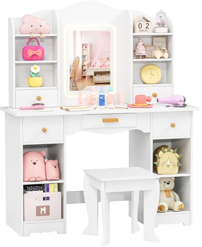 MAMIZO Sminkbord för barn med LED-belysning, sminkbord för barn med spegel, skrivbord med pall, 5 lådor och 10 förvaringsfack, prinsesstoalettbord av trä, 95 x 34 x 118 cm, vitt