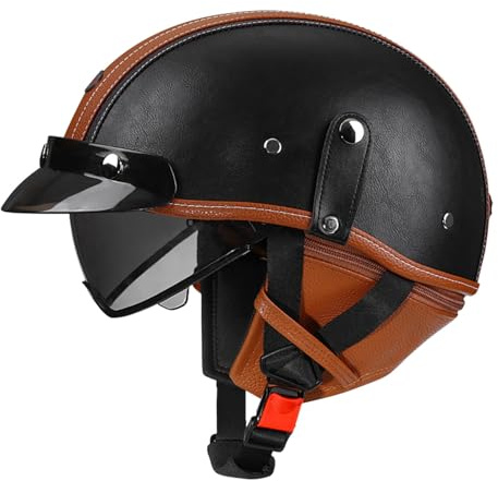 Casco Mezzo Moto Pelle Caschi Scodella Retro Approvato DOTECE Caschi Jet E Demi-Jet Vintage Con Visiera Elmetto Cruiser Aperto Casco Retrò Moto Per Adulti Uomini Donne I,M:57-58CM