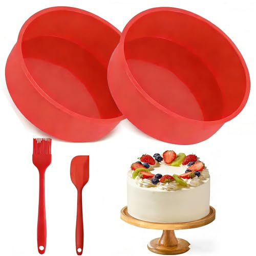2-Pack Round Cake Tin Set, 10 Inch Nonstick Silicone Baking Molds with Brush and Scraper, Reusable BPA Free Cake Tins for Muffins, Bread, Pudding and Desserts