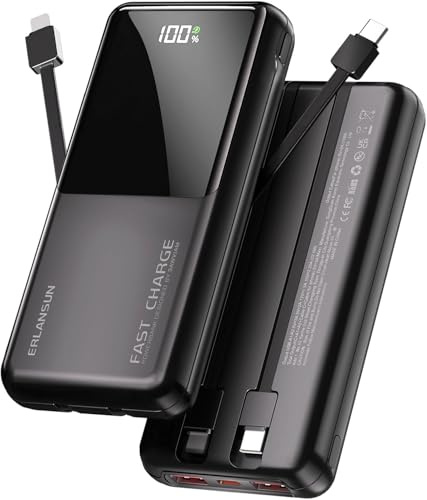 Power Bank Fast Charging 20000mAh 22.5W Portable Charger with Built-in Cables USB-C PD3.0 QC4.0 Powerbank Battery Pack with LCD Display for iPhone 17 16 15 14 13 Android and more