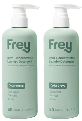 FREY Concentrated Liquid Laundry Detergent | Formulated for Sensitive Skin & HE Washers | Removes Stains Effectively | 50 Loads per Bottle (2-pack Cedar Grove)