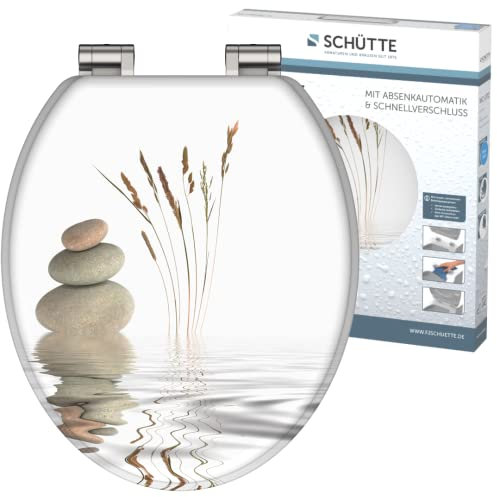 SCHÜTTE WC Sitz Holzkern BALANCE, Toilettensitz mit Absenkautomatik, passend für viele handelsübliche WC-Becken, max. Belastung der Klobrille 150 kg, Motiv Steine 80121