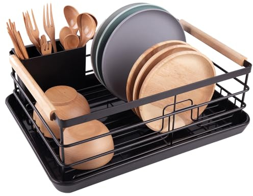 BRIAN & DANY Dish Drying Rack, Dish Racks for Kitchen Counter, Stainless Steel Dish Drainer with Removable Cutlery Holder & Drainboard, Black