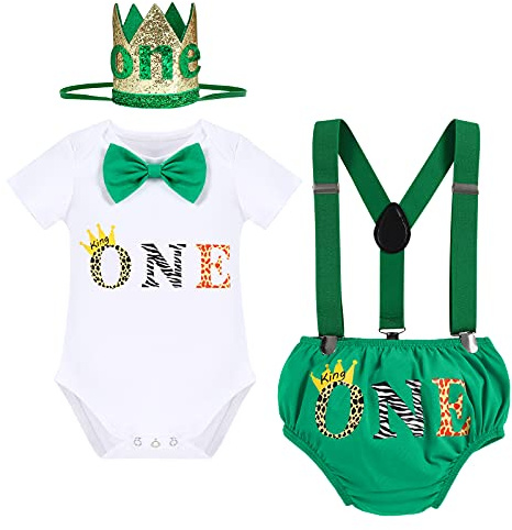 1st Birthday Outfits for Baby Girls Boys Gentleman Animal Jungle Lion Romper+Diaper Cover Shorts PP Pants+Y-Back Suspenders+Crown Headband 4pcs Set Cake Smash Photo Shoot Green-one 6-12 Months