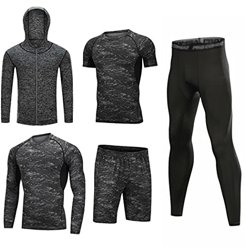 HZQIFEI Män 5 stycken fitness träningsoveraller kostym kompressionströja sportkläder snabbtorkande andas för löpning gym fitness, Stil #2, S