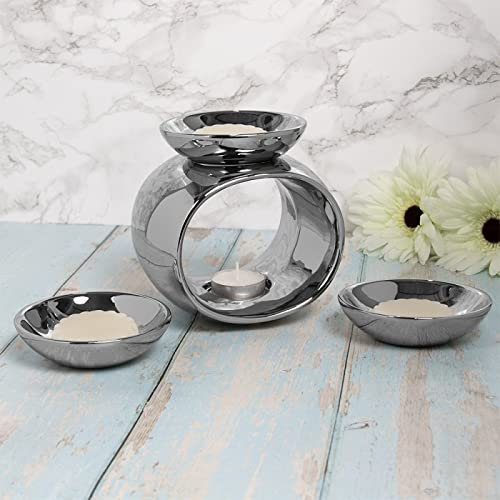 Ceramic Oil Burner 3 Oval Shaped Silver Wax Melting Pots Aroma Tealight Holder