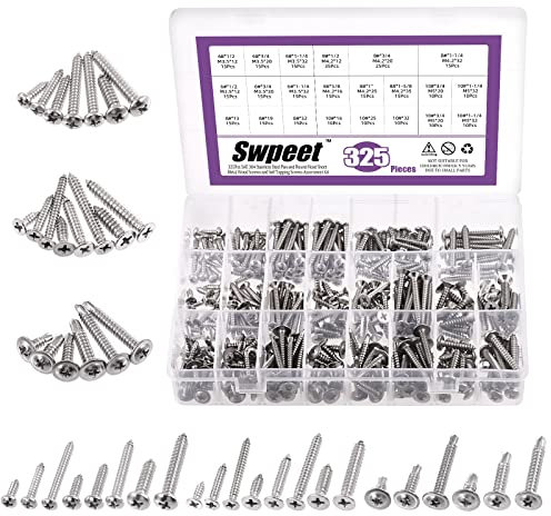 Swpeet Lot de 325 vis autotaraudeuses à tête ronde en acier inoxydable 304 et cruciformes à tête plate autotaraudeuse rapide en acier inoxydable 410