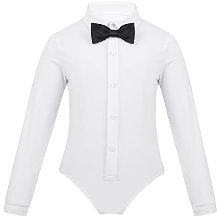 JEATHA Jungen Tanzbody Hemdbody Langarm Latin Tanz Trikot Leotard Strampler Romper Shirt Bodysuit mit Fliege Tanzkostüme Dancewear B Weiß 146-152