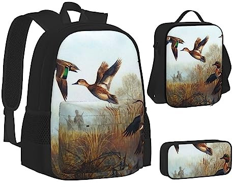 AABSTBFM Rosa Ballettschuhe Schule Büchertaschen Set mit Mittagessen Tasche Federmäppchen Reise Laptop Rucksack Schultasche 3-teiliges Set, Jagd Fliegende Wilde Enten, Einheitsgröße, Schulrucksack