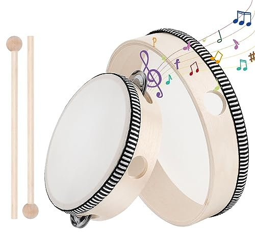 2 Stück Holz Handtrommeln 6 Zoll und 8 Zoll Kinder Tambourine Set, Handheld Tamburin Trommel mit 2 Schlägel für Kinder Party Schule und Frühpädagogisches