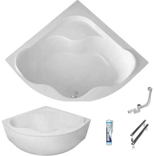 ECOLAM Baignoire d'angle symétrique SELMA 150 x 150 cm + tablier en acrylique | pieds siphon et silicone | set complet