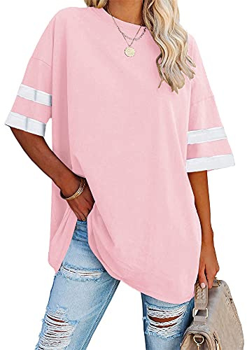Ebifin Dam oversize t-shirt rund hals kortärmade toppar casual lös basic sommar t-shirts skjortor blus., ROSA, XL