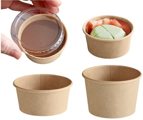 HOT BARGAINS 200 X 4oz Kraft Paper Sauce Pots with Reusable Lids Small Pots Round Container with Airtight Clear Lids for Ketchup, Chutney, Dips and Sauces (120ml) (4, Round, 200, KT - 2OZ)