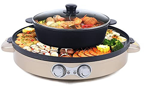 Barbecue coréen Hot Pot Electrique Appareil Fondue Chinoise et Barbecue Coréen électrique de Table 220V 2200W 2 en 1 Chauffage Haute Efficacité Contrôle de Température pour d'un Barbecue (Blanc)