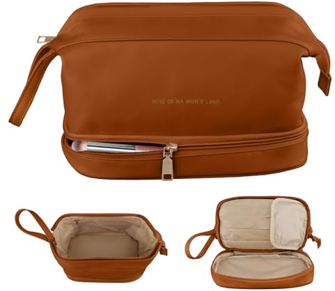 QLoztyse Reise Kosmetiktasche für Damen - doppellagige Make up Tasche, großer tragbarer Organizer aus Leder mit Fächern für Mädchen, Reisen, Bürsten Kulturartikel, braun, Modisch und vielseitig