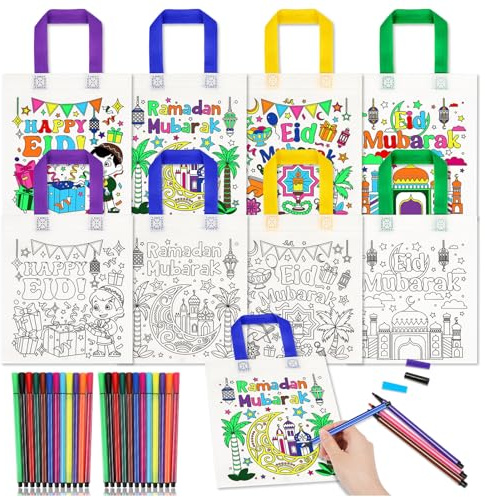 HOWAF 12 Eid Mubarak Stoffbeutel zum Bemalen, Eid Mubarak Tuten Ramadan Tuten Ramadan Mubarak Geschenktuten DIY Non-Woven Eid Taschen zum Bemalen Kinder Bastelset Ramadan Eid Mubarak Geschenke