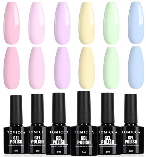 TOMICCA UV Nagellack Pastell Set, 6 Farben Rosa Gelb Blau Nagellack, Soak-Off UV/LED Gel Geschenk für Nagelstudio DIY Home, 8ML