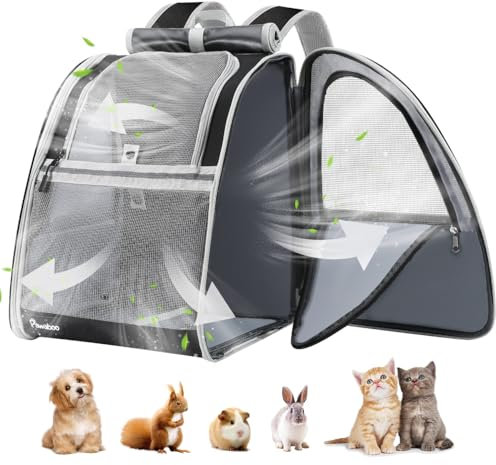 Pawaboo Katzenrucksack, Hunderucksack für Hunde Katzen Welpen mit Faltbar Netzfenster, Haustier Rucksack Sonnenschutz Haustier Tragetasche Hundetasche mit Luftpolsterfolie - Schwarz, Bis 10 KG