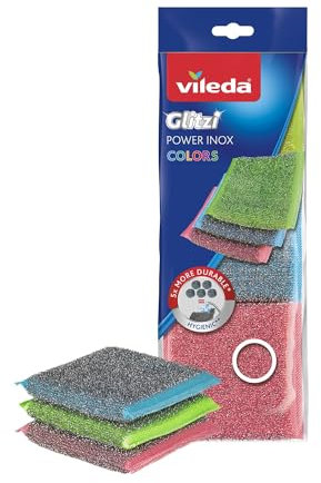 Vileda Glitzi Power INOX Colors, Rectores de Colores, Exterior de Acero Inoxidable, Muy higiénico, Poder Limpiador excepcional, Duradero y Resistente, Elimina fácilmente la Suciedad y los residuos