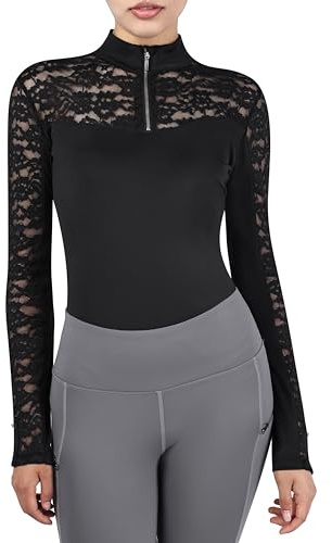 Harrison Howard Ladies Long Sleeve Lace Rider Top with Exquisite Lace Spliced Sleeves Slim Fit Show Shirt Black Small
