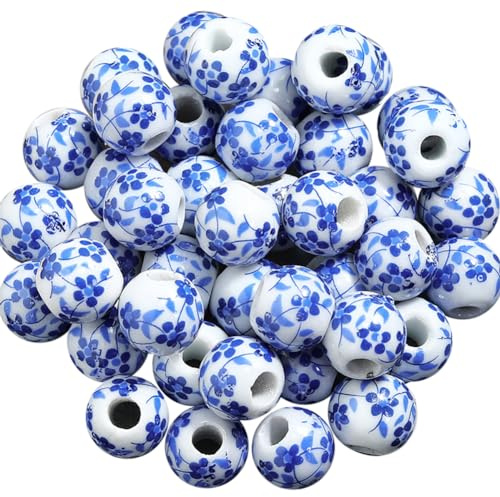 FSSTUD 100 Stück runde Blumenperlen aus Keramik, Abstandshalter, Porzellan, Handarbeit, chinesische handgefertigte Köpfe, Blumenmuster, lose Perlen für Schmuckherstellung, Blau, 100 Stück