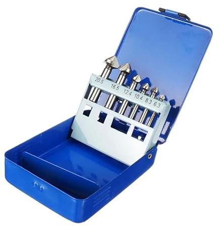 Juego de 6 brocas avellanadas HSS de 90 grados (6,3, 8,3, 10,4, 12,4, 16,5 y 20,5 mm) para brocas de corte biselado de metal y carpintería y caja de lata azul