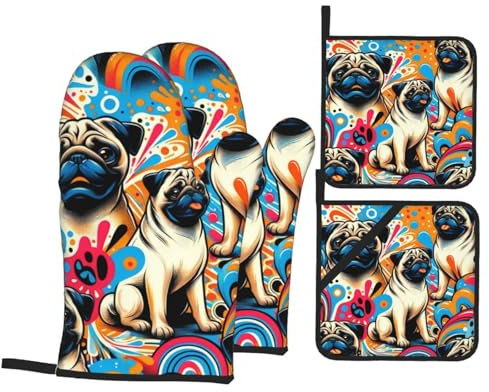 4 Pezzi Set Di Presine Da Cucina Cute Watercolor Pug Dogs Guanti Barbecue Divertenti Guanti Da Cucina Resistente Al Calore Guanti Termoisolanti Per Campeggio, Cucina, Grill