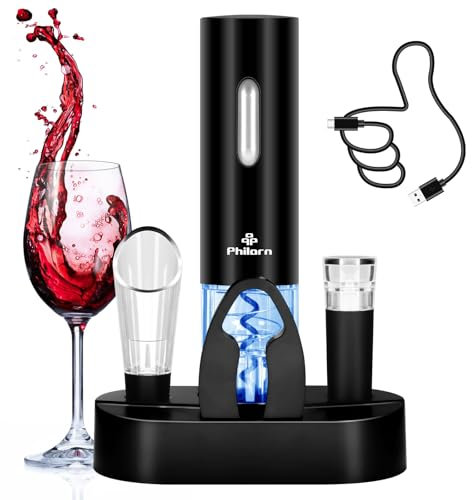 Phillorn - Abridor de vino eléctrico recargable, abridor de vino automático con cortador de aluminio, tapón al vacío, vertedor aireador y base de almacenamiento, juego de abridor eléctrico de botellas