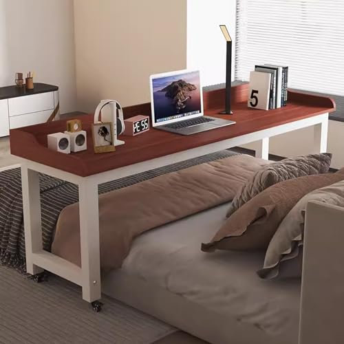 Beistelltisch mit Rollen, Schreibtisch für King-Size-Betten, multifunktionaler Laptopwagen und Esstisch, Weiß und Teakfarben, Größe 120