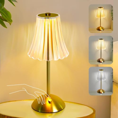 Cordless Table Lamp Rechargeable,LED 3 Colors Light Touch Dimmable Gold Small Lamp Decorative 12 for Nightstand,Bedside,Kitchen,Living Room 2600mAh High Capacity Battery Powered (Acrylic Flower)