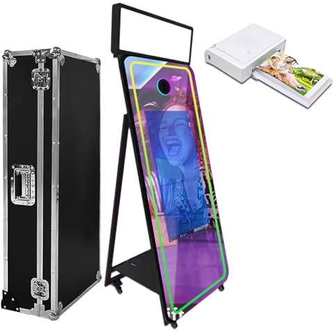 Photomaton magique miroir de 165,1 cm avec étui de vol, appareil photo interactif à écran tactile pour événement, fête, location de mariage (noir (écran tactile de 81,3 cm), machine + mini imprimante)