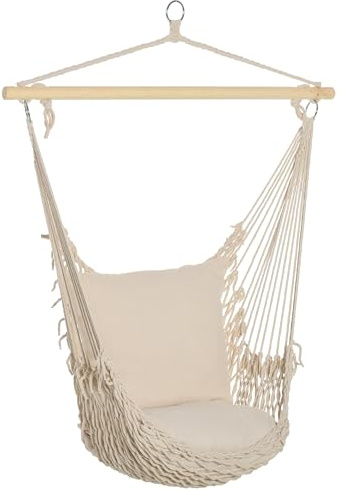 Outsunny Silla Colgante Hamaca Columpio con 2 Cojines de Algodón Barra de Madera Carga 120 kg Silla Columpio para Interior y Exterior Crema