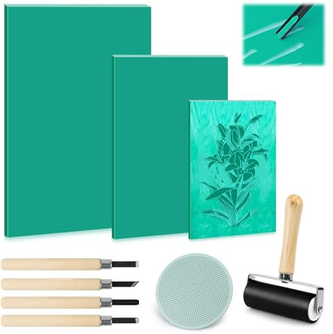 SUPRROW Stempelgummi Linolschnitt 9 STK,Linoleum Platten Linoldruck Set,Gummistempel Schnitzblöcke A4/A5/A6,Linoldruck Starter Kit mit Bildhauerwerkzeugen,für Stempel Selber Machen,Druckgrafiken