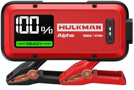 HULKMAN Alpha Ultra Red Starthilfe 1000A 37Wh,Leicht und Stilvoll,12V Starthilfe-Box mit Kabeln,Vollständige Aufladung in 45 Min, 24 Monate Standby,IP65,LED-Anzeige,für 6.5L Benzin/3.0L Diesel Motoren
