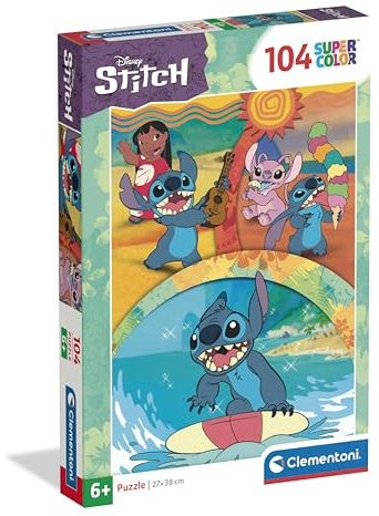 Clementoni - Puzzle per Bambini 104 Pezzi Supercolor, per Bambini 6+ Anni, Illustrazione Disney Stitch, Idea Regalo, Made in Italy, 37,9x26,9 cm, 25042