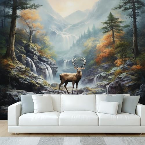 Generisch Tapete Wald Hirsch Wohnzimmer Schlafzimmer, Fototapete Wasserfall Berg Landschaft Wand Deko, Wallpaper, Wandtapete, Mustertapete, vliestapete, 368 x 254 cm W&Q