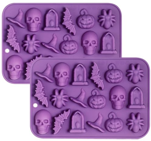 YXHZVON 2 Stück Halloween Bakcform Pralinenform, Silikon Schokoladenform, Süßigkeiten Formen, Fledermaus, Hexenhut, Spinne, Kürbis, Grabstein Backform für DIY Halloween Schokolade, Süßigkeiten（Lila）