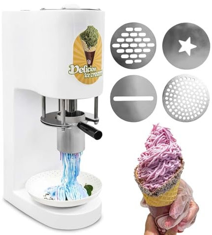 Commercial Spaghetti Ice Cream Maker – 80W Tabletop Electric Ice Cream Press Machine with Stainless Steel Outlet and 4 Types of Molds for Gelato & Dessert Shops