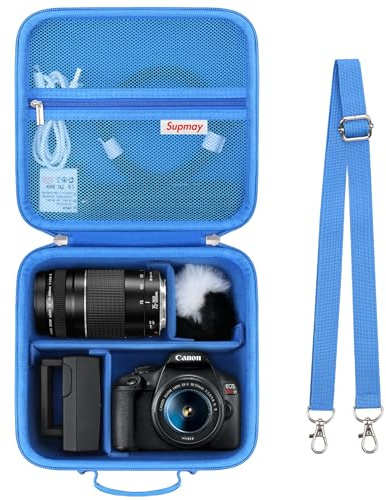 Supmay Hard Travel Case for Canon EOS 2000D / 4000D DSLR Camera/EOS R50 / R6 Mark II/ R100 / R50V / R8 / R7 / R10 Mirrorless Camera, Lens, Tripod with 3 Pieces of Dividers and Shoulder Strap, Blue