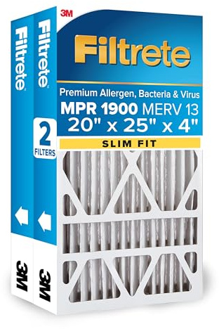 Filtrete 20x25x4 (SlimFit) AC Furnace Air Filter, MERV 13, MPR 1900, Premium Allergen, Bacteria & Virus, Electrostatic Air Cleaning Filter, 2-Pack (Actual Size 19.5x24.5x3.75 in)