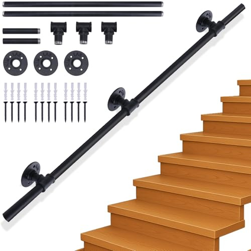 Handrails for Stairs, 2M Black Metal Banister Hand Rails for Stairs | Safety Wall Mounted Hand Rails Non-Slip Industrial Wrought Iron Banister Handrail for Elderly Kids Disabled