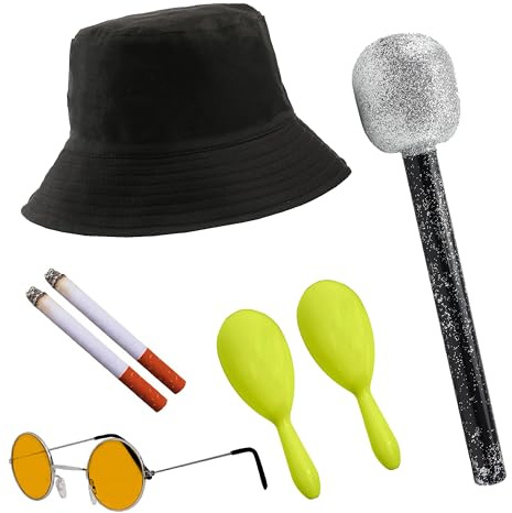 Rockband-Zubehör-Set für Erwachsene, wendbar, England Eimerhut, runde orangefarbene Brille, gelbe Maracas, Mikrofon, gefälschte Zigaretten, 6-teiliges Musik-Kostüm-Zubehör-Set für Erwachsene